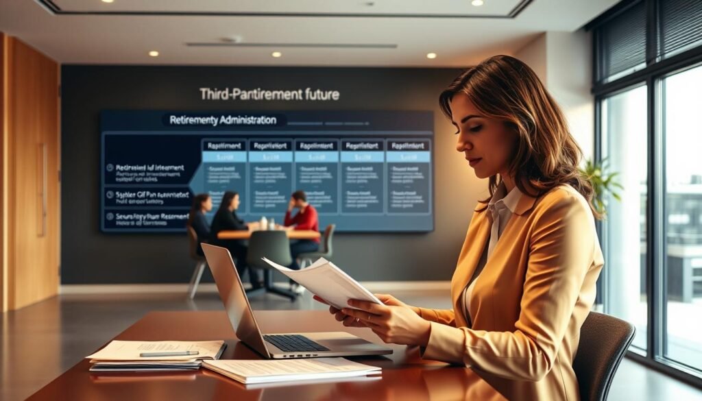 A serene office setting, bathed in warm, diffused lighting. In the foreground, a professional-looking woman seated at a desk, intently reviewing documents. Arranged neatly on the desk are various retirement-related forms and a sleek laptop. The middle ground features a panoramic view of a modern, well-appointed conference room, where a group of individuals are engaged in a collaborative discussion. In the background, a wall-mounted display showcases a detailed breakdown of retirement plan benefits, including third-party administrator services. The overall atmosphere conveys a sense of expertise, efficiency, and a commitment to securing a stable financial future.
