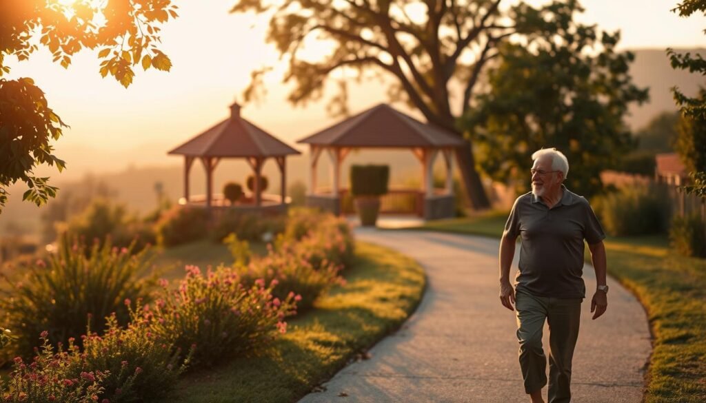 A serene outdoor scene with a retired couple leisurely strolling down a winding path, surrounded by lush, verdant foliage. The warm, golden light of the setting sun casts a gentle glow, creating a tranquil and contemplative atmosphere. In the foreground, the couple is dressed casually, engaged in a lively conversation, their faces radiating a sense of contentment and fulfillment. In the middle ground, a picturesque gazebo nestled among flowering shrubs and trees, hinting at the possibility of shared moments of relaxation and enjoyment. The background features a scenic vista, with rolling hills and a distant horizon, symbolizing the expansive new horizons of retirement. The overall composition evokes a sense of peace, harmony, and the realization of a well-earned, fulfilling retirement.