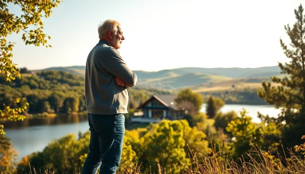 A serene, sun-dappled scene of an empowered retiree embracing their newfound financial freedom. In the foreground, a confident individual stands tall, gazing out over a tranquil lake, their expression radiating contentment and self-assurance. The middle ground features a well-appointed, contemporary home nestled amidst lush, verdant foliage, symbolizing the comfort and security of this new chapter. In the background, rolling hills and a cloudless sky create a sense of boundless possibility, conveying the empowerment and potential that this retirement offers. Soft, warm lighting casts a gentle glow, evoking a mood of optimism and personal growth. The overall composition exudes a harmonious balance between financial security, personal fulfillment, and the boundless opportunities of this empowered retirement.