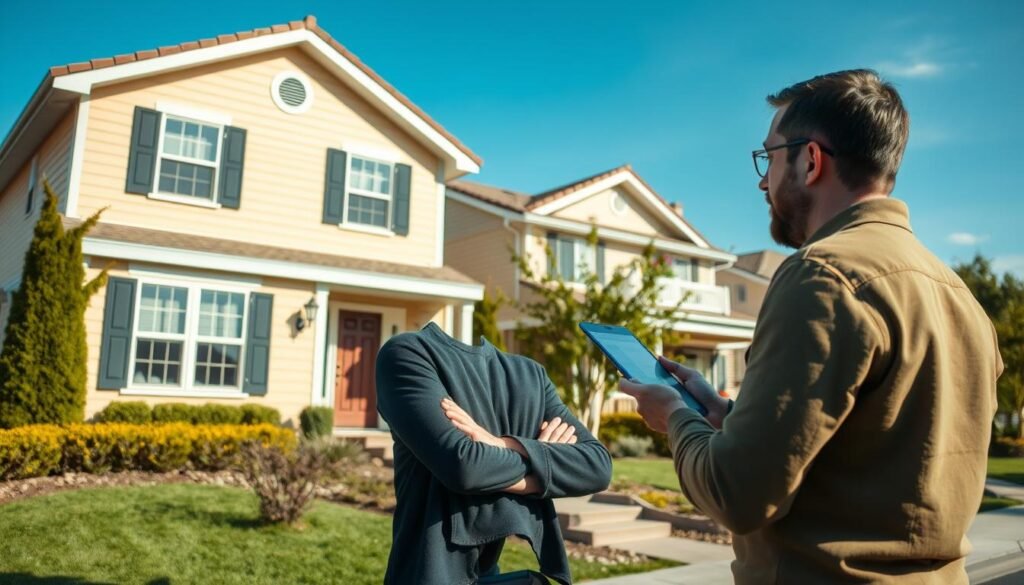Generate an image of a person examining a real estate investment property
