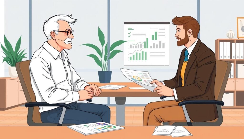 Generate an image of a person reviewing their retirement plan with a financial advisor.