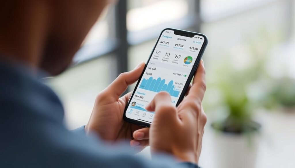 Generate an image of a person using the Empower mobile app to view their comprehensive financial picture on their smartphone.