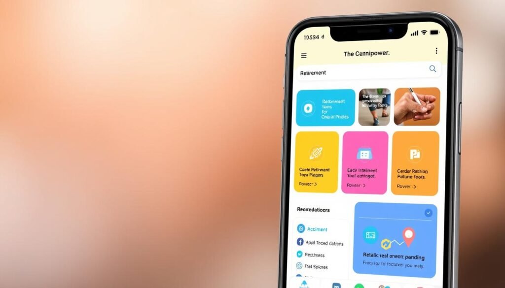 Generate an image of the Empower mobile app interface showing various retirement planning tools and features.