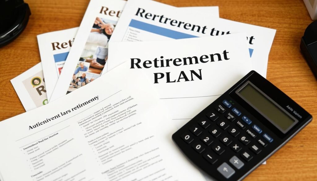 Image of various retirement plan documents and a calculator