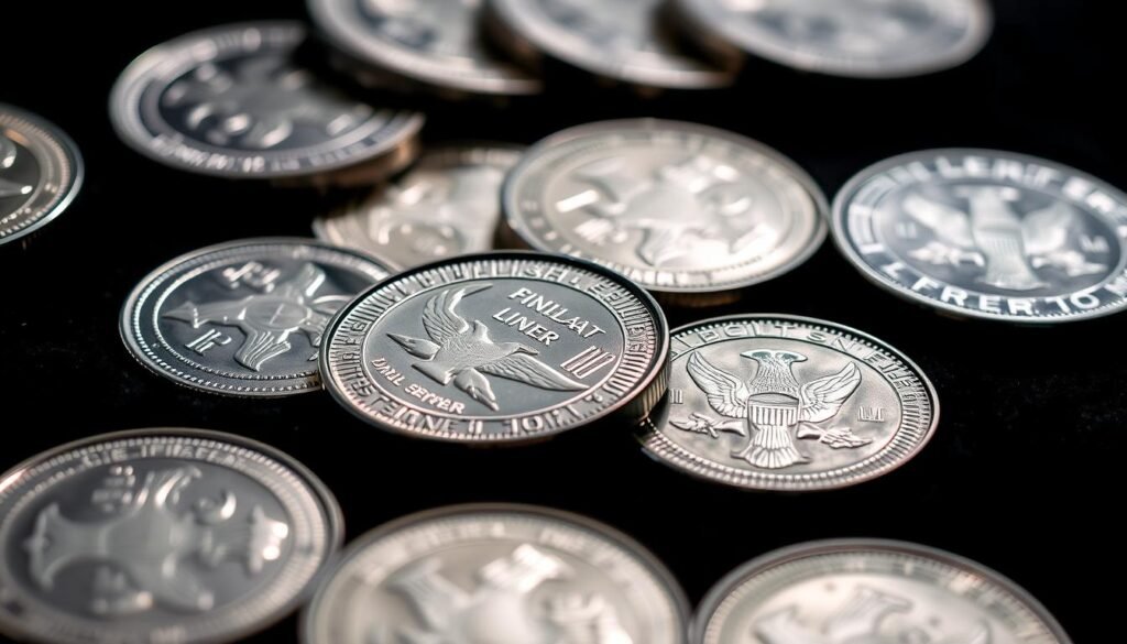 A close-up view of several shiny, high-quality silver coins, meticulously arranged on a dark, velvet-like surface. The coins are reflecting light from multiple angles, creating a mesmerizing interplay of highlights and shadows that showcase their intricate designs and luster. The background is softly blurred, allowing the coins to be the clear focal point. The overall composition conveys a sense of elegance, value, and the tangible nature of physical precious metal investments.