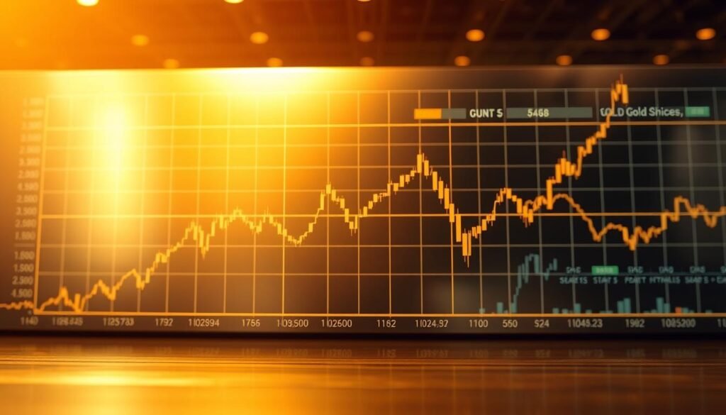 A detailed chart depicting the fluctuations of gold prices, rendered in a realistic, high-resolution style. The foreground showcases the gold price graph, with clean lines and clear labeling of key data points. The middle ground features a polished, metallic backdrop evoking the luxurious aesthetic of gold. The background subtly blends modern financial elements, such as stock tickers and charts, to reinforce the subject matter. Warm lighting casts a golden glow, creating a sense of value and stability. The overall composition conveys the importance of closely monitoring gold prices in the context of economic policy changes.