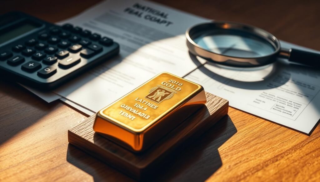 A detailed, high-resolution photograph showcasing a gold bar resting on a polished wooden surface, surrounded by a stack of official-looking documents, a calculator, and a magnifying glass. The scene is bathed in warm, natural lighting, casting subtle shadows and highlights that accentuate the textures and reflections of the various elements. The overall composition conveys a sense of careful evaluation, meticulous analysis, and the importance of accurately determining the fair market value of the gold asset.