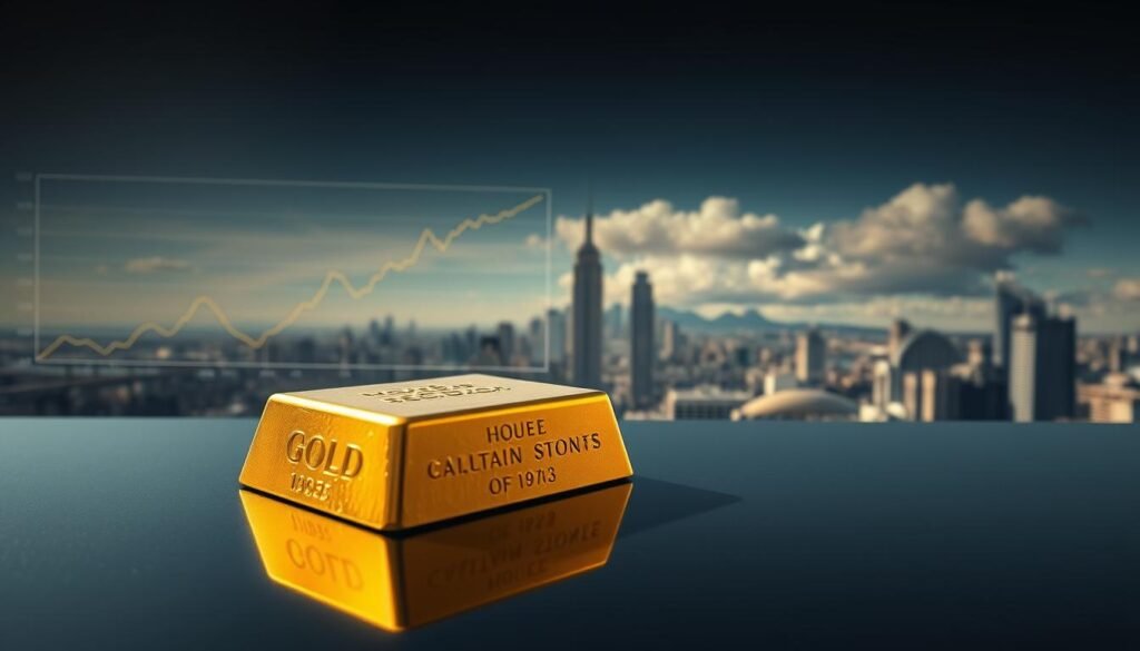 A detailed landscape depicting the cross-recession performance of gold over seven U.S. economic downturns spanning the past 50 years. In the foreground, a gleaming gold bullion bar rests on a dark, reflective surface, casting a warm glow. In the middle ground, a series of financial charts and graphs illustrate the historical price movements of gold during recessionary periods, highlighting its stability and growth. In the distant background, a panoramic view of the Manhattan skyline, partially obscured by clouds, symbolizes the broader economic landscape. The scene is illuminated by a soft, diffused light, creating a contemplative and authoritative atmosphere, suitable for an analytical review of gold's resilience across recessions.