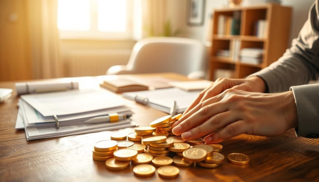 A detailed step-by-step process of purchasing IRS-approved gold for a self-directed IRA (SDIRA). In the foreground, a person's hands meticulously counting gold coins and bars on a wooden table, illuminated by warm, natural lighting. In the middle ground, neatly organized paperwork, including forms and documentation related to the SDIRA gold purchase. In the background, a serene, neutral-toned office setting, with a bookshelf and a window providing a glimpse of the outside world. The overall mood is one of precision, diligence, and financial responsibility, reflecting the care and attention required to hedge retirement income against stagflation through a gold-backed SDIRA.