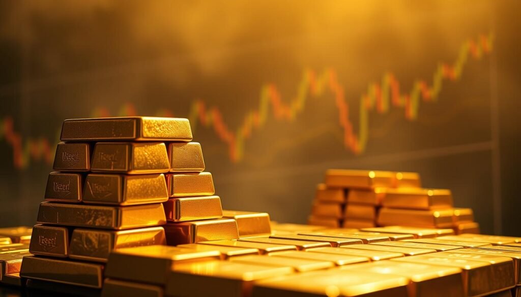 A dramatic close-up shot of stacks of gleaming gold bars set against a backdrop of financial charts and graphs, illuminated by warm, golden lighting. The bullion dominates the foreground, conveying a sense of solidity and wealth, while the charts in the middle ground suggest the dynamic relationship between gold prices and the broader economic landscape. The background is shrouded in a hazy, atmospheric gloom, creating a sense of depth and emphasizing the centrality of the gold as a safe haven asset in uncertain times.