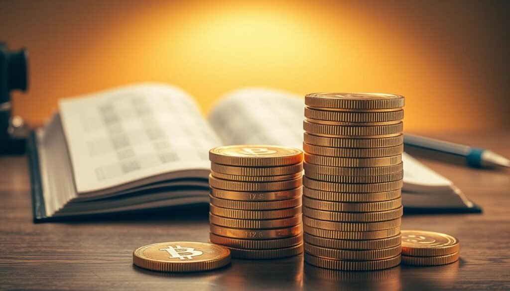 A gleaming stack of gold coins, each reflecting the warm glow of a spotlight overhead. In the foreground, the coins are sharp and detailed, their ridges and surfaces meticulously rendered. The middle ground features a ledger book, its pages open to reveal neatly written calculations, hinting at the financial planning behind this wealth. The background is a muted, sepia-toned office setting, suggesting the serious, professional nature of this financial endeavor. The overall composition conveys a sense of weight, substance, and the tangible, lasting value of this precious metal, underscoring its role in securing a stable retirement income.