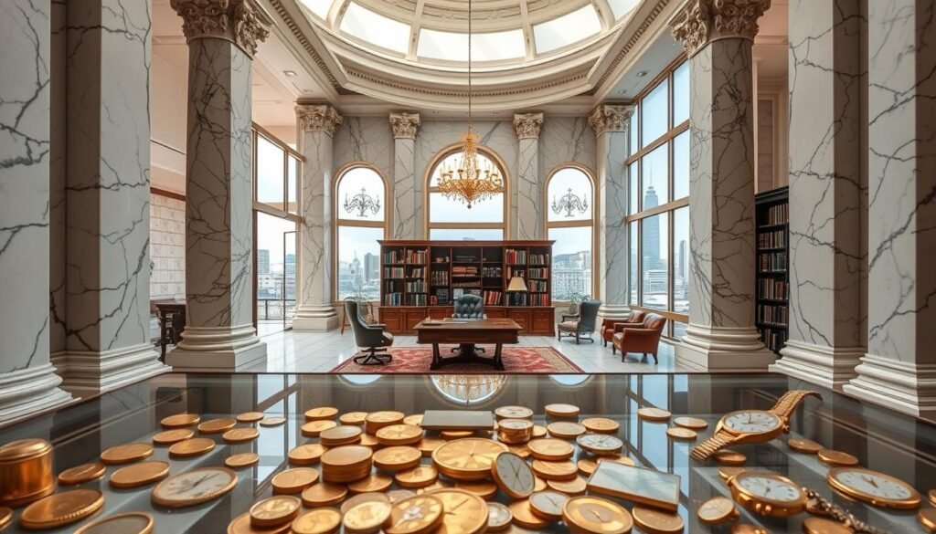 A grand marble atrium, adorned with ornate columns and a vaulted ceiling that lets in soft, natural light. In the foreground, a display case showcases an array of gleaming gold coins, precious gemstones, and antique timepieces, their value reflected in the polished glass. The middle ground features a well-appointed office space, with a mahogany desk, leather chairs, and bookshelves filled with tomes on finance and economics. In the background, a panoramic window overlooks a bustling city skyline, hinting at the broader economic landscape. The overall atmosphere exudes a sense of exclusivity, refinement, and the high-stakes world of collectible valuations.