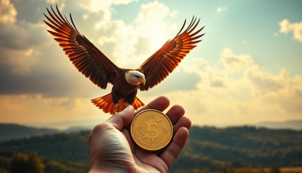 A majestic golden eagle soars gracefully against a sky of warm hues, casting a powerful shadow over a landscape of rolling hills and lush greenery. In the foreground, a hand holds a gleaming gold coin, symbolizing the enduring purchasing power and stability of this precious metal. The lighting is soft and natural, creating a serene and timeless atmosphere. The overall composition conveys the idea of gold as a reliable long-term investment, able to weather economic storms and preserve wealth over time.