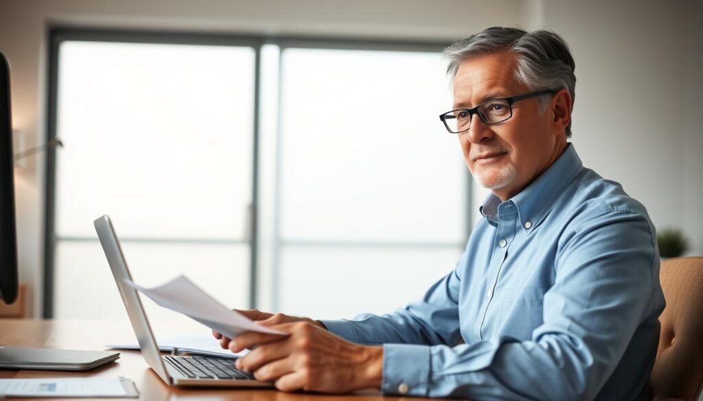 A professional, mature, and trustworthy-looking person sitting at a desk in a well-lit, modern office. They are reviewing documents and using a laptop, conveying the sense of a diligent, responsible self-directed IRA custodian. The lighting is soft and even, creating a calm, authoritative atmosphere. The camera angle is slightly elevated, looking down on the scene to suggest the custodian's expertise and the importance of their role. The background is clean and uncluttered, with subtle hints of financial documents or charts to reinforce the financial context.