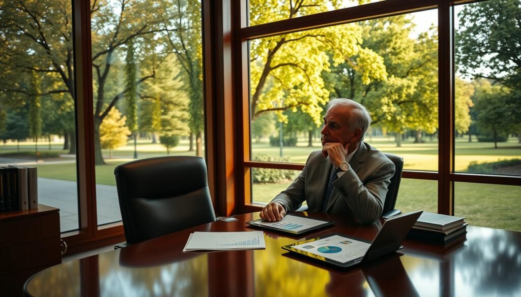 A serene and thoughtful office scene, where a senior executive sits at a mahogany desk, contemplating financial strategies and risk management. The warm, golden lighting creates a sense of gravitas, while the large windows offer a vista of a lush, green park, symbolizing the long-term, sustainable approach. On the desk, a tablet displays charts and graphs, guiding the decision-making process. The executive's expression is one of focused concentration, carefully aligning the organization's goals with an appropriate risk tolerance, ensuring the preservation of wealth over the long haul.