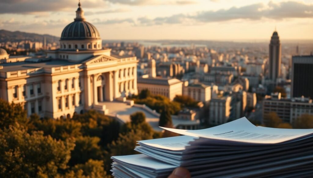 A stately government building nestled in a bustling cityscape, its neoclassical architecture bathed in warm, golden sunlight. In the foreground, a stack of neatly organized tax documents, their pages fluttering gently in a soft breeze. In the middle ground, a thoughtful individual, brow furrowed, contemplating the financial implications of their long-term planning. The background showcases a vibrant, prosperous city, a symbol of the legacy they aim to build for their grandchildren, despite the complexities of taxes, RMDs, and distributions.
