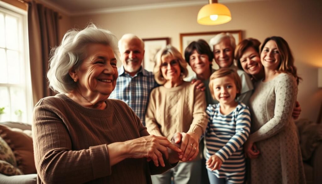 A warm and inviting family portrait in a cozy, soft-lit living room. In the foreground, a close-up of a grandmother and grandfather, smiling tenderly as they hold hands. Behind them, three generations of their family - adult children, grandchildren, and great-grandchildren - gathered around, radiating love and togetherness. The scene is bathed in a golden, nostalgic glow, captured with a wide-angle lens to convey a sense of intimacy and inclusion. The overall mood is one of legacy, security, and the cherished bonds of a multigenerational household.