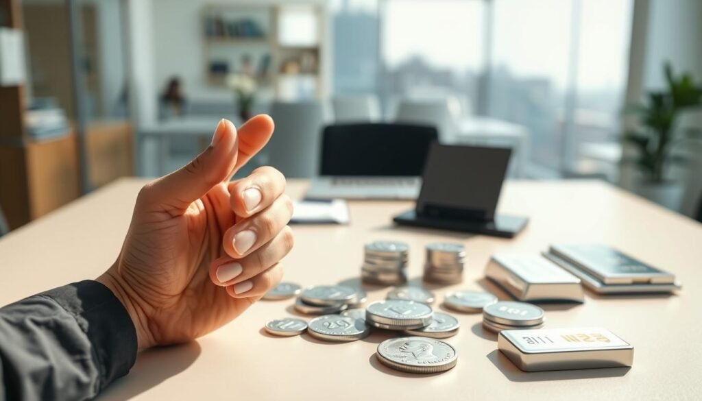 A well-lit, high-resolution image of a step-by-step process for buying silver for a self-directed precious metals IRA. The foreground depicts a financial advisor's hands guiding the viewer through the key steps - opening an account, funding it, and selecting approved silver products. The middle ground showcases various silver bullion coins and bars on a clean, neutral desk surface. The background features a soft, blurred panorama of a modern financial office, conveying a sense of expertise and professionalism. The lighting is natural and bright, creating a crisp, detailed composition that effectively illustrates the "Step-by-Step" process described in the section title.