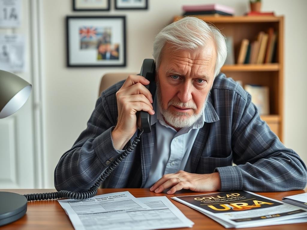 Aggressive salesperson pressuring elderly investor on phone about gold IRA