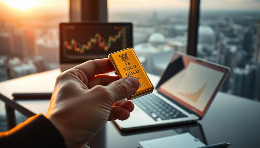 An elegant study of the moment to add gold to one's portfolio. In the foreground, a refined hand holds a gold bullion bar, the warm light of sunset reflecting off its surface. The middle ground features a modern workspace, with a laptop displaying stock charts and financial data. In the background, a panoramic view of a bustling cityscape, hinting at the broader economic climate. The scene conveys a sense of thoughtful deliberation, as the investor carefully considers the optimal timing to secure a golden hedge against uncertainty. Crisp, high-resolution details and a muted color palette lend an air of sophisticated professionalism to the image.