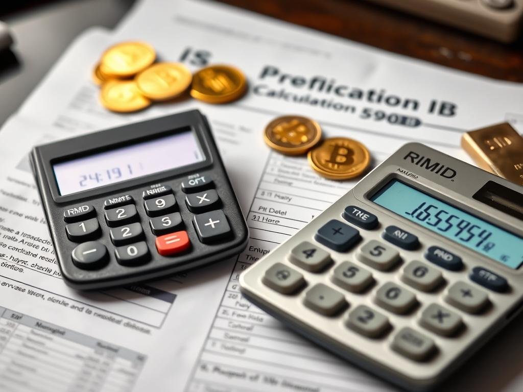 Calculator showing Gold IRA required minimum distributions calculation with gold coins
