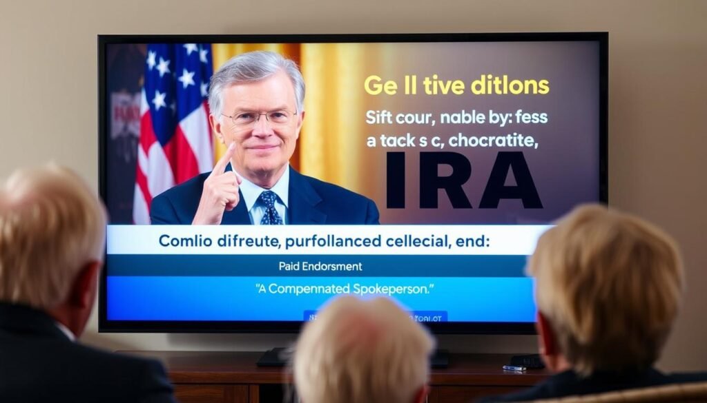 Celebrity on television promoting gold IRA with fine print disclaimer about paid endorsement