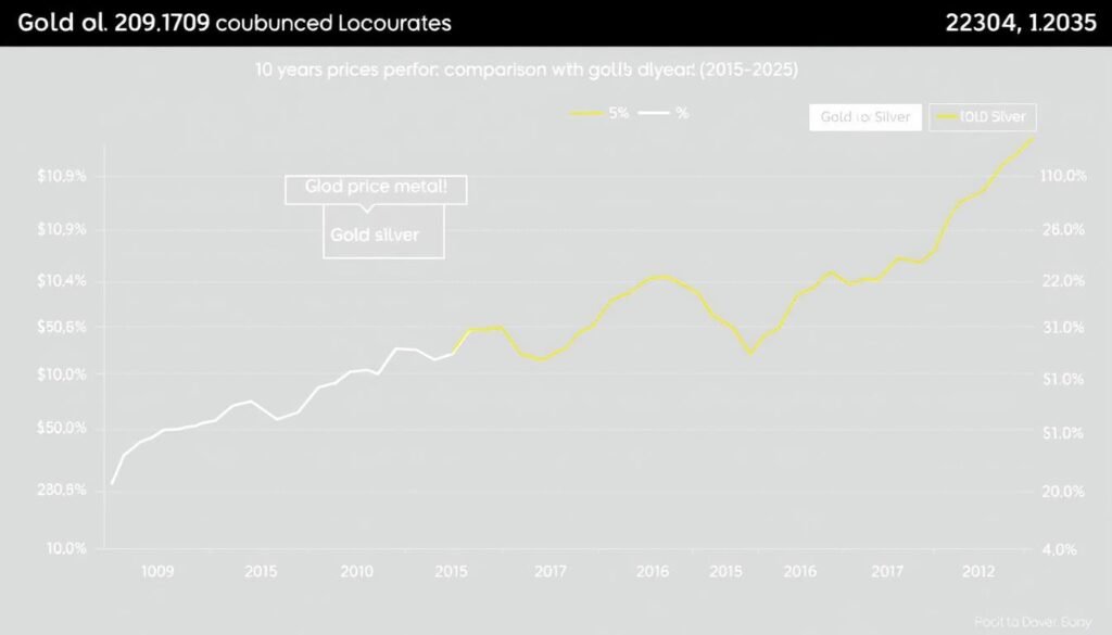 Chart comparing 10-year price performance of gold vs silver showing relative growth and volatility