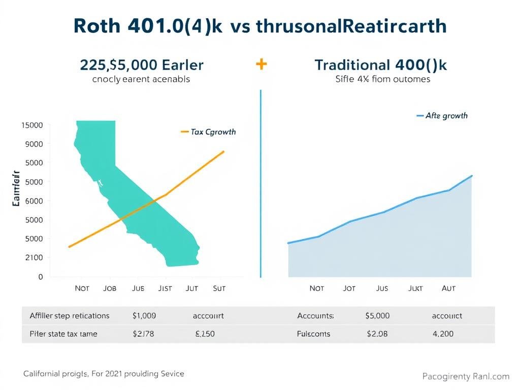 Chart comparing retirement outcomes for a $250,000 earner in California choosing between Roth 401k vs traditional 401k