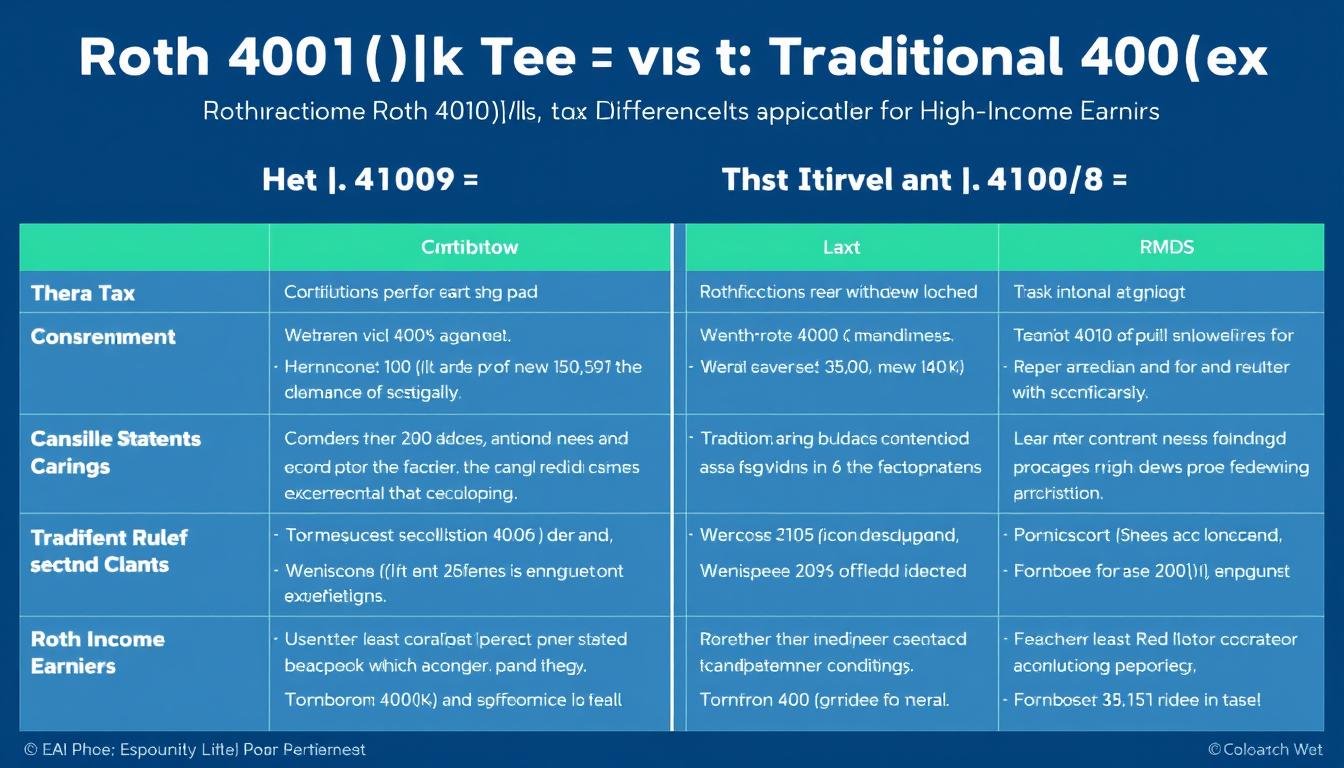 Comparison chart showing Roth 401k vs 401k for high income earners with key differences highlighted