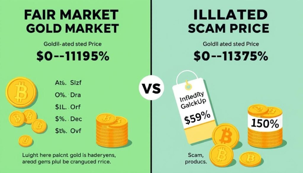 Comparison of fair market gold prices versus inflated scam prices