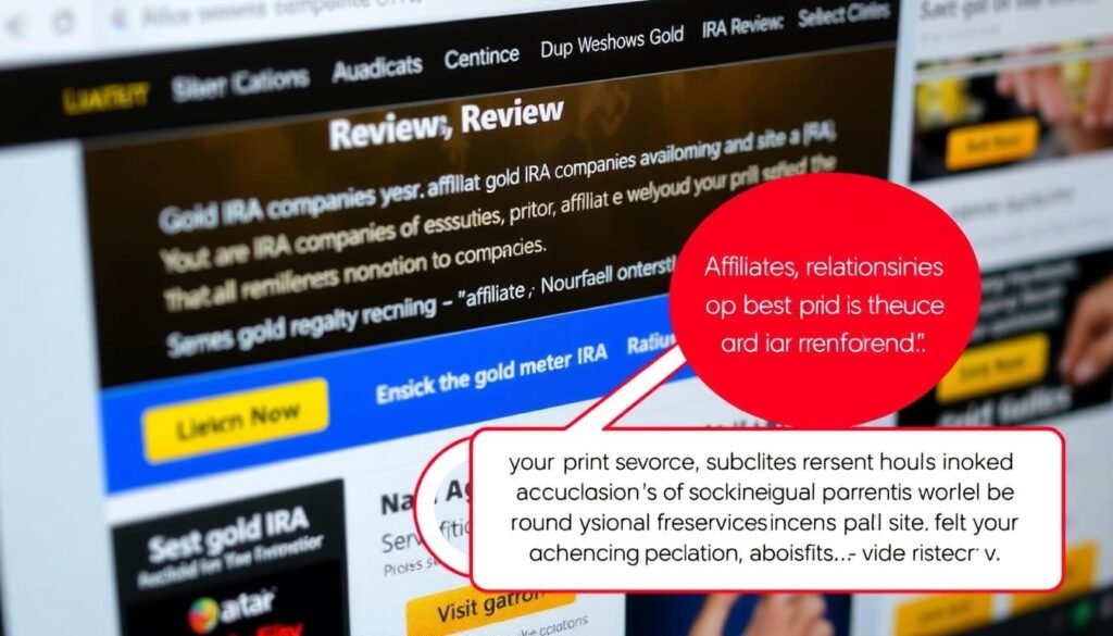 Computer screen showing fake gold IRA review websites with paid affiliate disclaimers highlighted