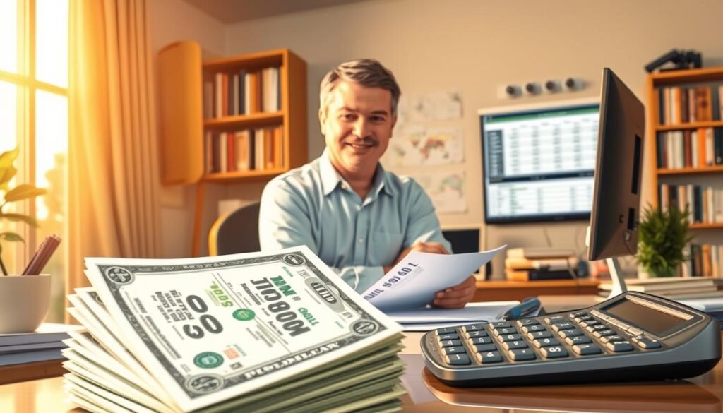 Detailed illustration of a debt-financed income stream. A middle-aged professional stands in a home office, surrounded by financial documents and a computer displaying a spreadsheet. The room is bathed in warm, golden light, conveying a sense of prosperity and financial security. In the foreground, a stack of dollar bills and a calculator symbolize the financial calculations involved. The background features a wall of bookshelves, suggesting the individual's expertise and financial knowledge. The overall scene captures the essence of leveraging debt to generate income, as outlined in the "Financing rules that trigger taxes: nonrecourse loans, UDFI, and paydown strategies" section.