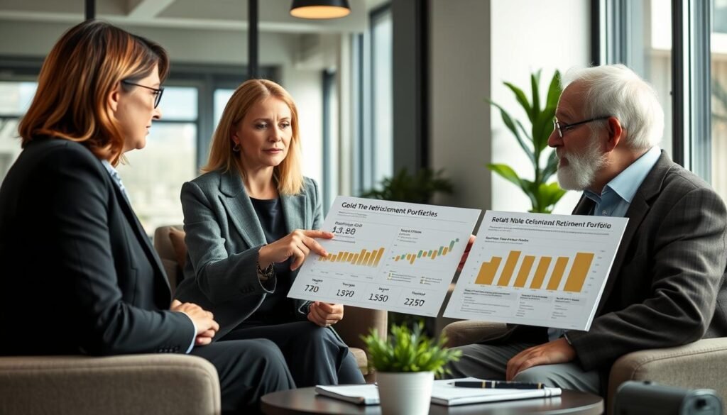 Financial advisor discussing portfolio diversification with senior clients