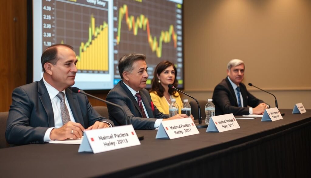Financial experts discussing gold investment strategies during recession at a conference panel