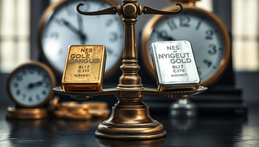 Gold and silver bars on a scale, symbolizing the balance between gold IRA vs silver IRA for retirees Gold and silver bars on a scale, symbolizing the balance between gold IRA vs silver IRA for retirees