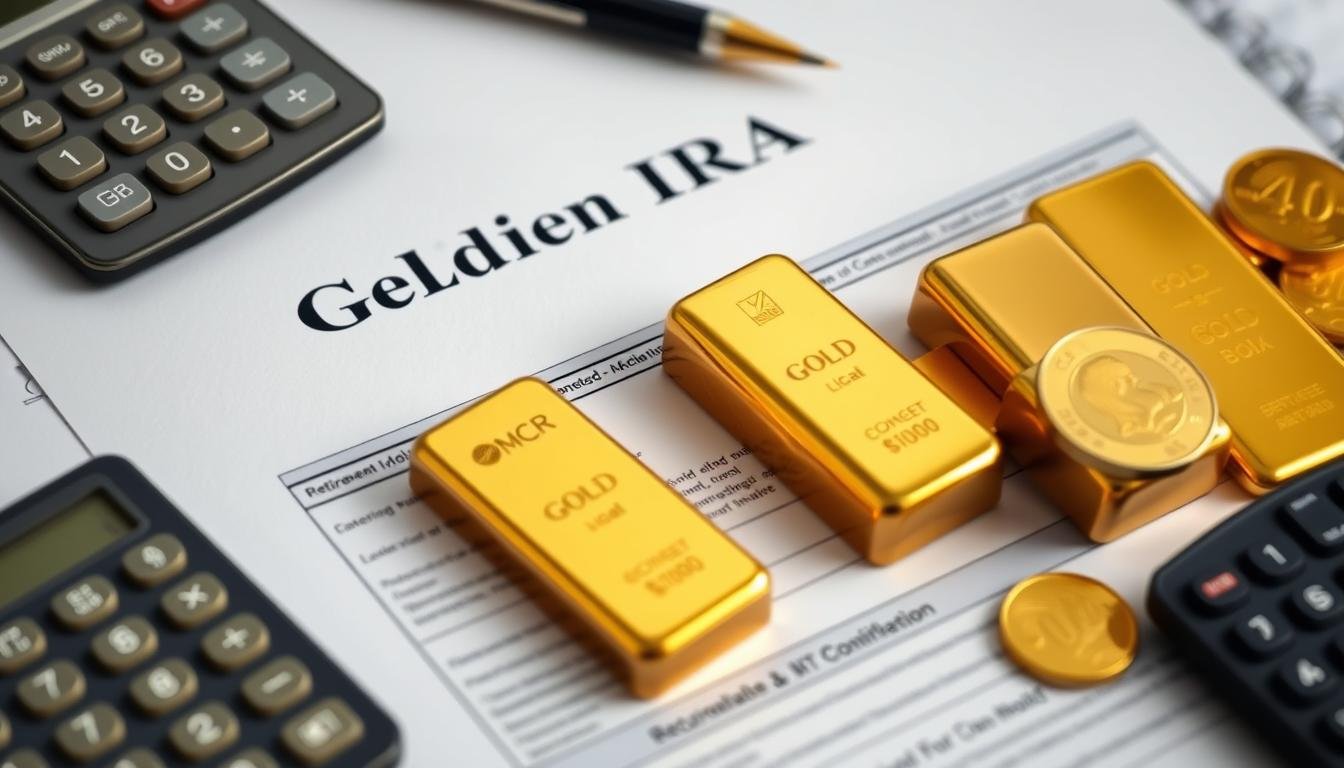 Gold bars and coins next to retirement planning documents, illustrating the concept of a Gold IRA