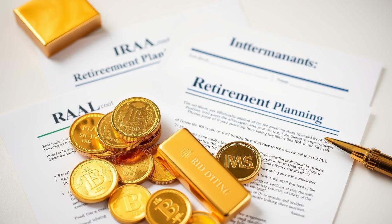 Gold coins and bars displayed next to IRA documents, illustrating what a Gold IRA is during recession