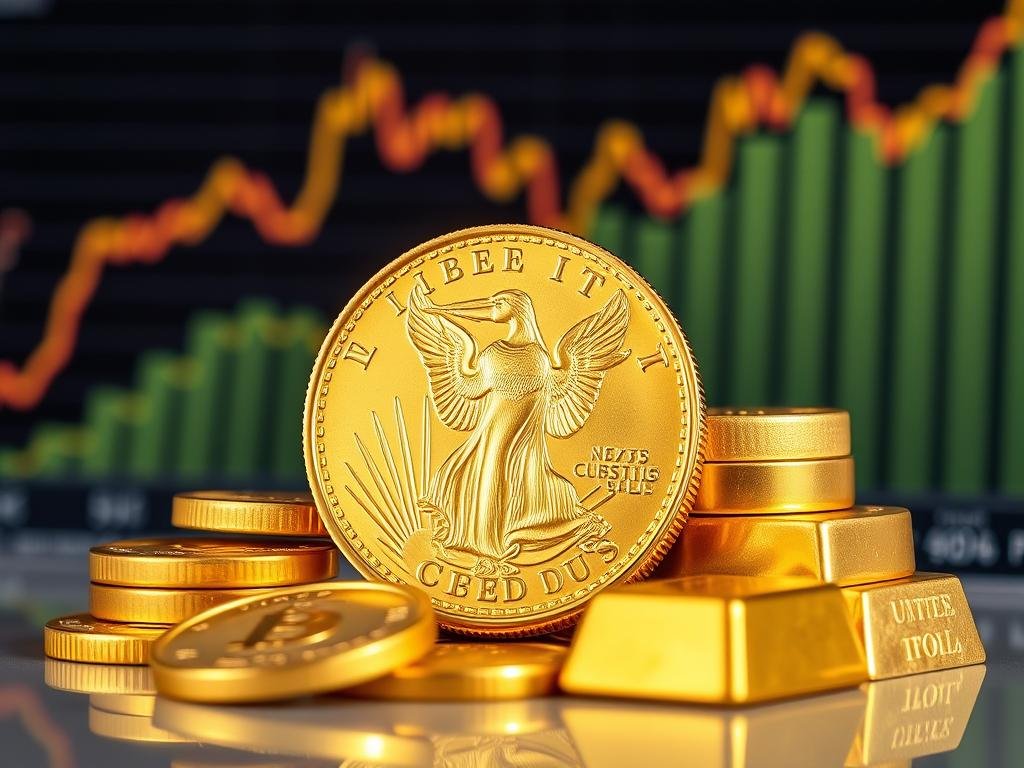 Gold coins and bars with a rising price chart in the background showing gold's performance