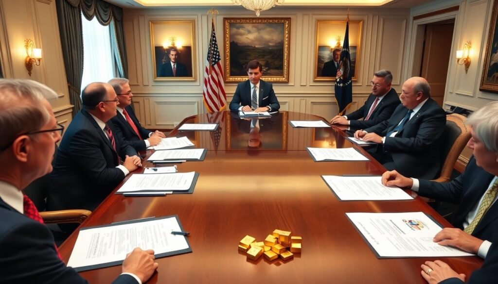 Government officials discussing gold investment policies for retirement security