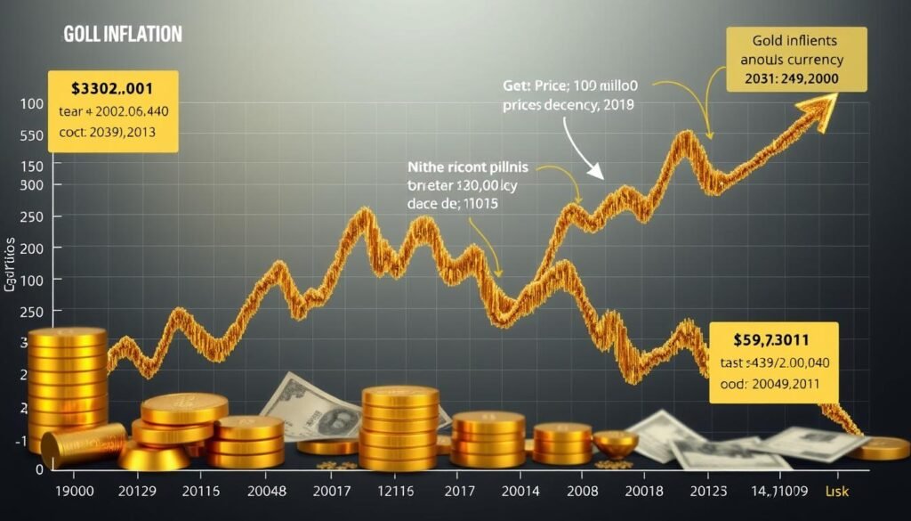 Graph showing gold price rising against declining currency value during inflation periods