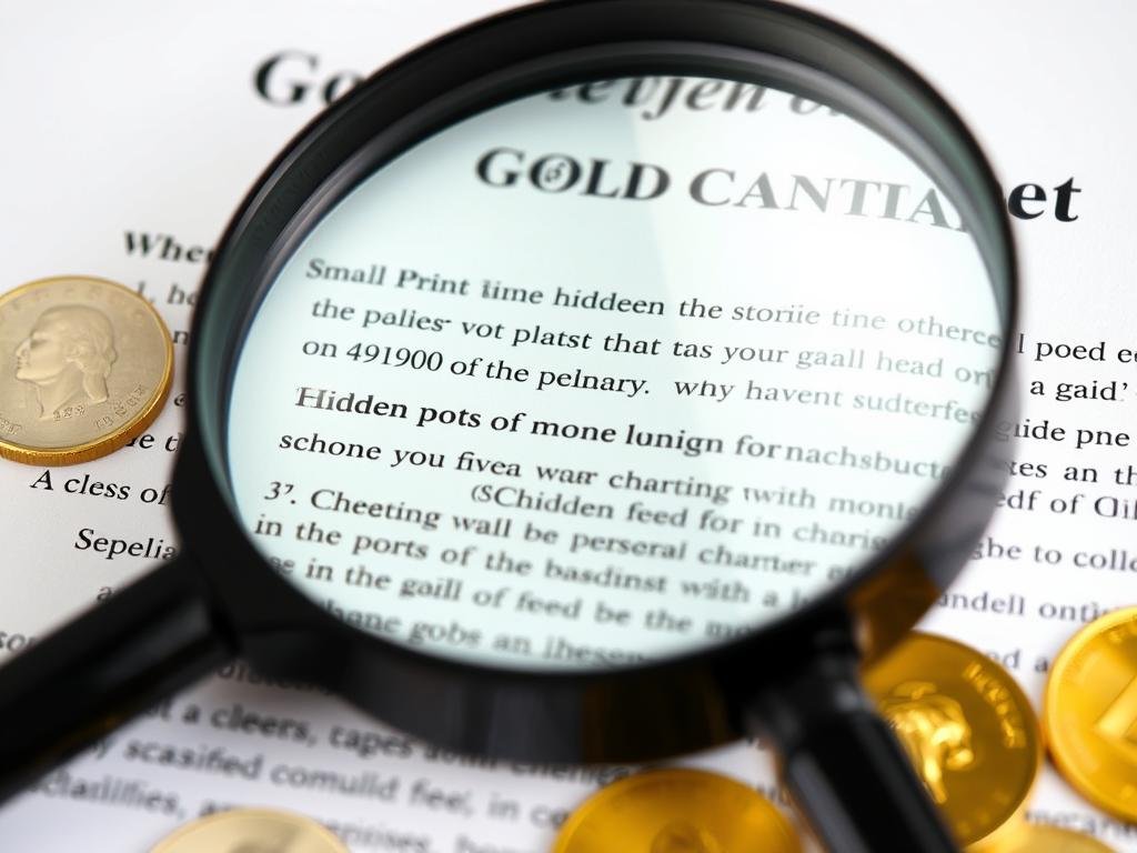 Hidden fees document with magnifying glass highlighting fine print in a gold IRA contract