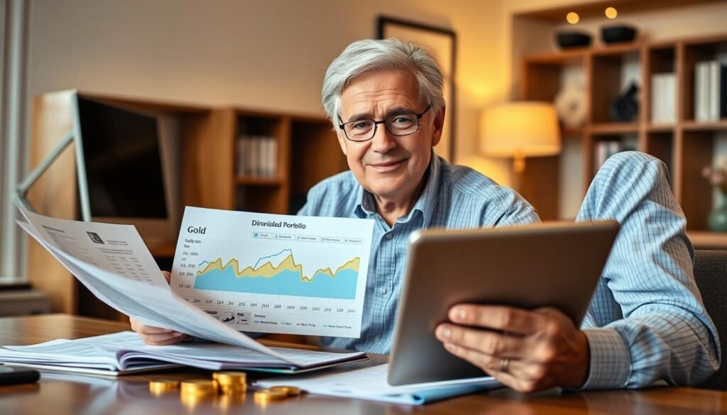 Investor confidently reviewing diversified portfolio with gold investments during economic uncertainty