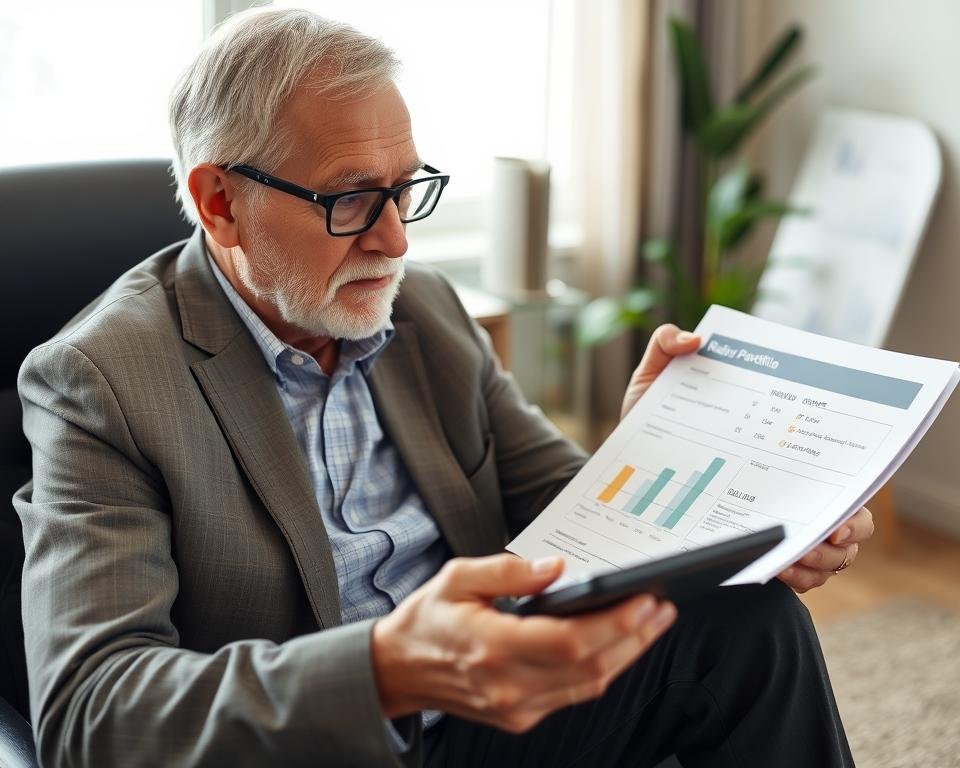 Investor reviewing retirement portfolio documents with gold and silver investment options