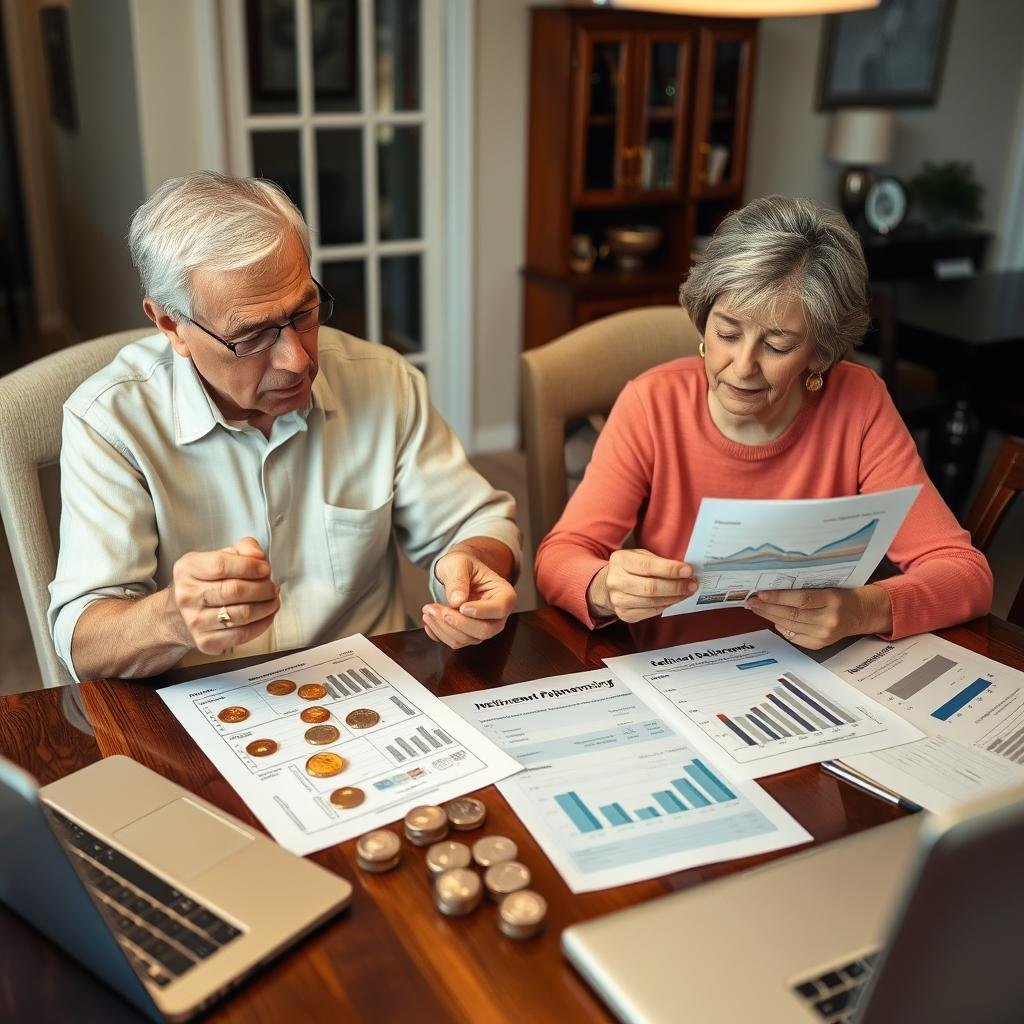 Middle-aged couple comparing gold and silver IRA options with charts showing balanced approach for moderate retirement savings Middle-aged couple comparing gold and silver IRA options with charts showing balanced approach for moderate retirement savings
