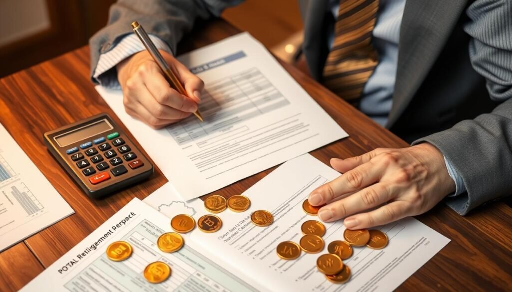 Person signing Gold IRA paperwork with gold coins visible on the desk
