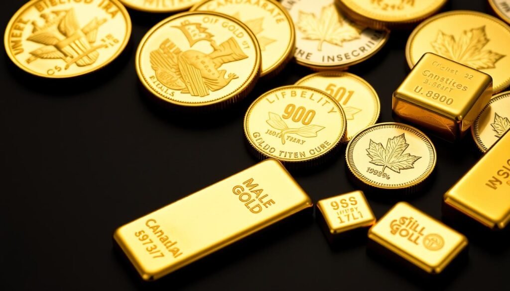 Physical gold coins and bars suitable for Gold IRA investments with IRS approval stamps