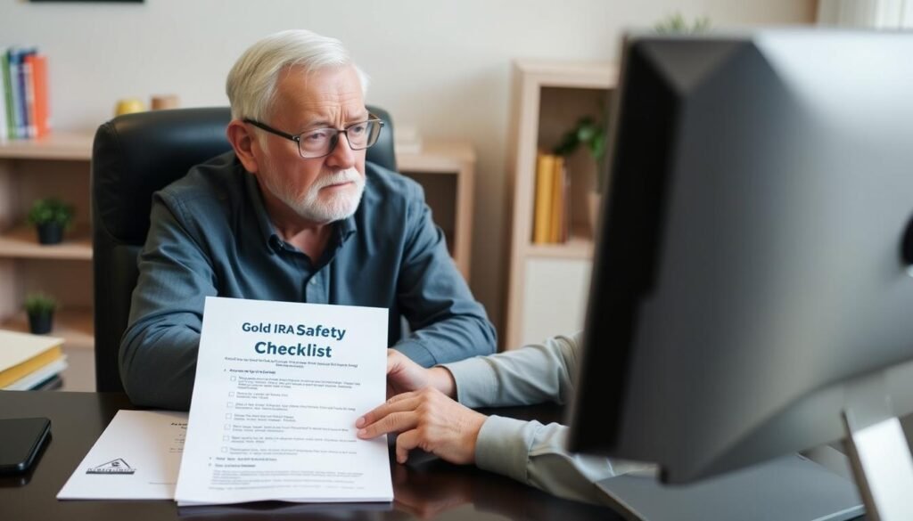 Retiree researching gold IRA companies on computer with checklist nearby