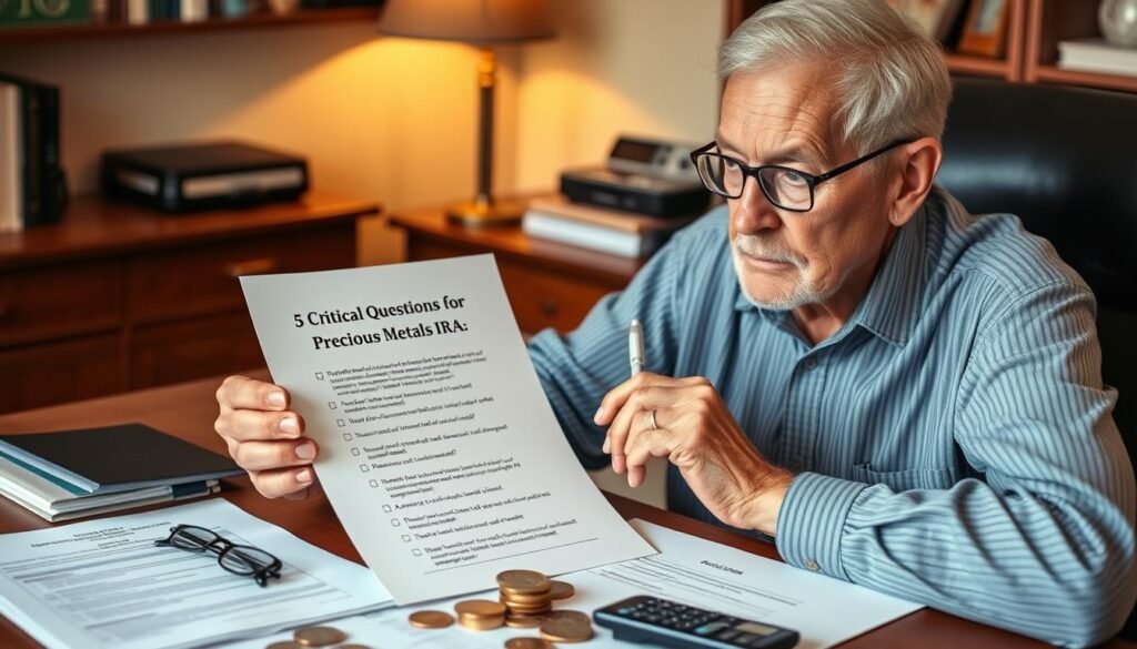Retiree with checklist considering gold IRA vs silver IRA options with financial documents and calculator Retiree with checklist considering gold IRA vs silver IRA options with financial documents and calculator