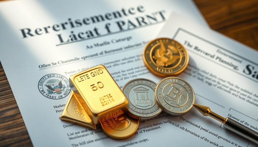 Secure retirement concept with gold coins and government documents symbolizing long-term wealth preservation