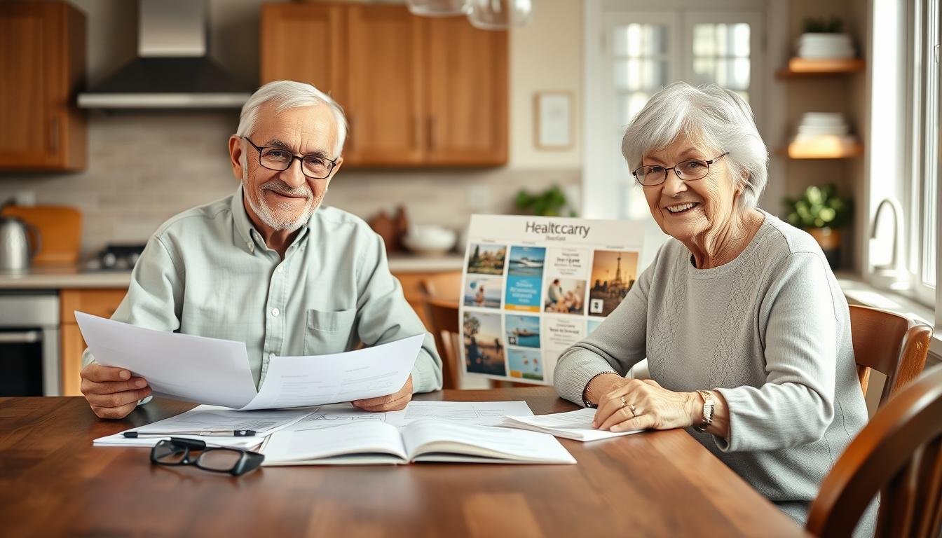 Senior couple planning holistic retirement strategy with financial documents and lifestyle vision board